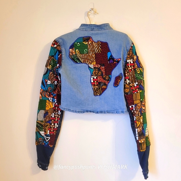 Afrofunkwear Jackets & Blazers - AFROFUNKWEAR art Africa crop jacket denim one of a kind Black artist creation